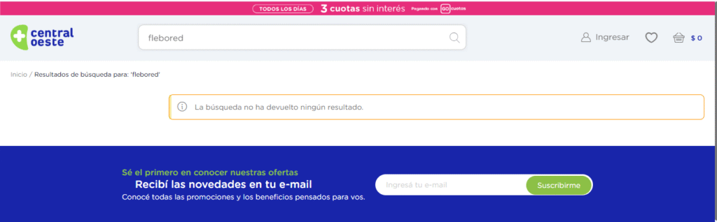 Captura de búsqueda del producto en Central Oeste